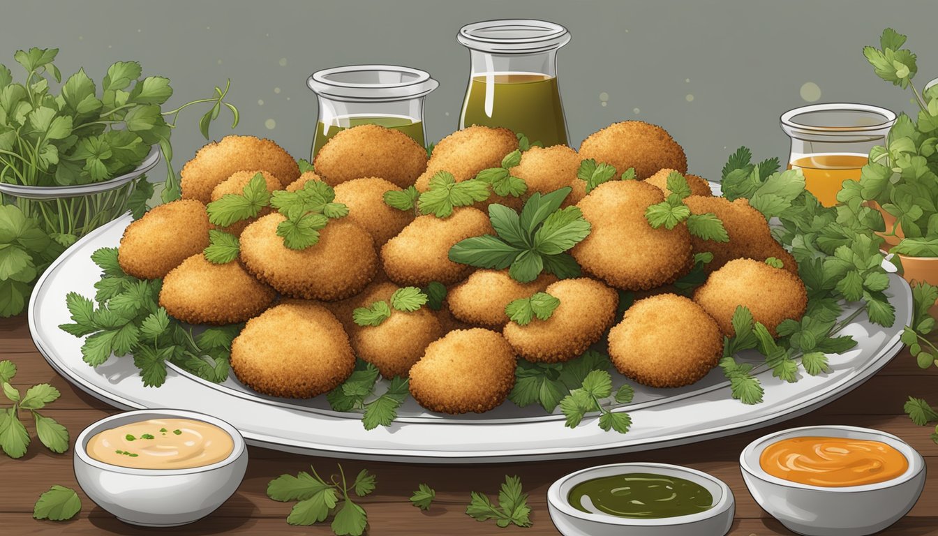 A platter of crispy breaded mushrooms surrounded by fresh herbs and dipping sauces