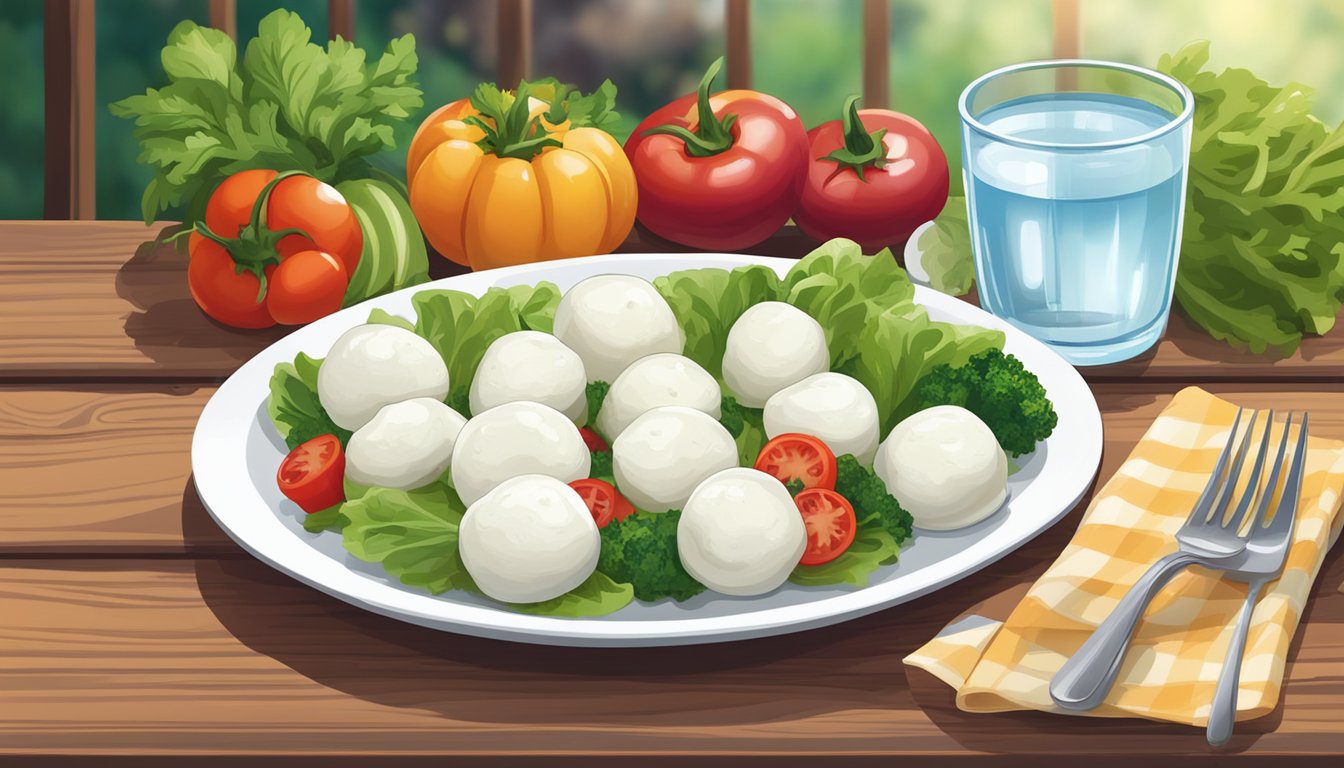 A plate of farm rich mozzarella bites sits on a wooden table, surrounded by fresh vegetables and a glass of water