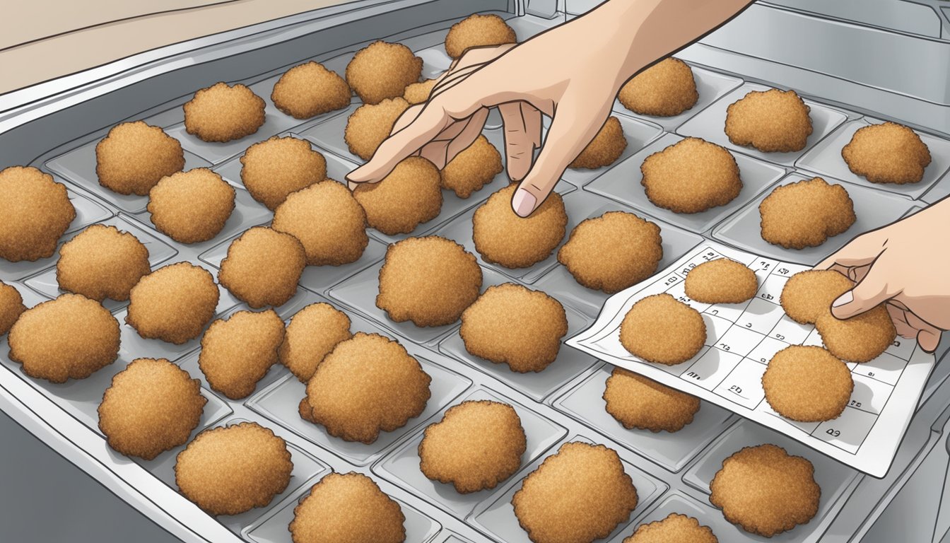 A hand reaching for a bag of Farm Rich breaded mushrooms in a freezer, with a calendar in the background showing the current date