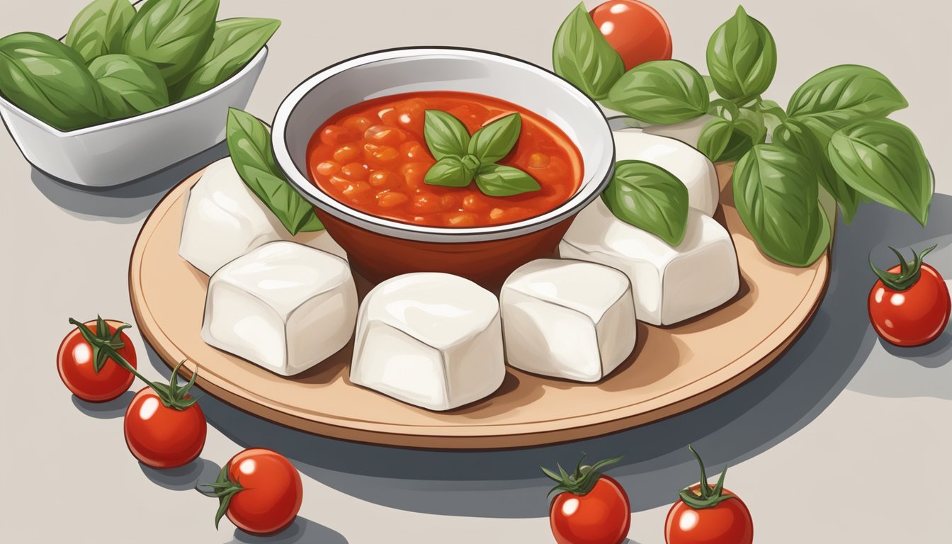 A plate of Farm Rich mozzarella bites with a side of marinara sauce, surrounded by fresh basil leaves and cherry tomatoes