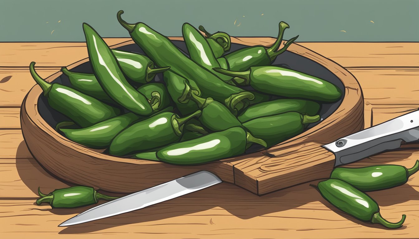 A bowl of fresh jalapeños on a wooden cutting board, with a knife and a small pile of discarded stems nearby