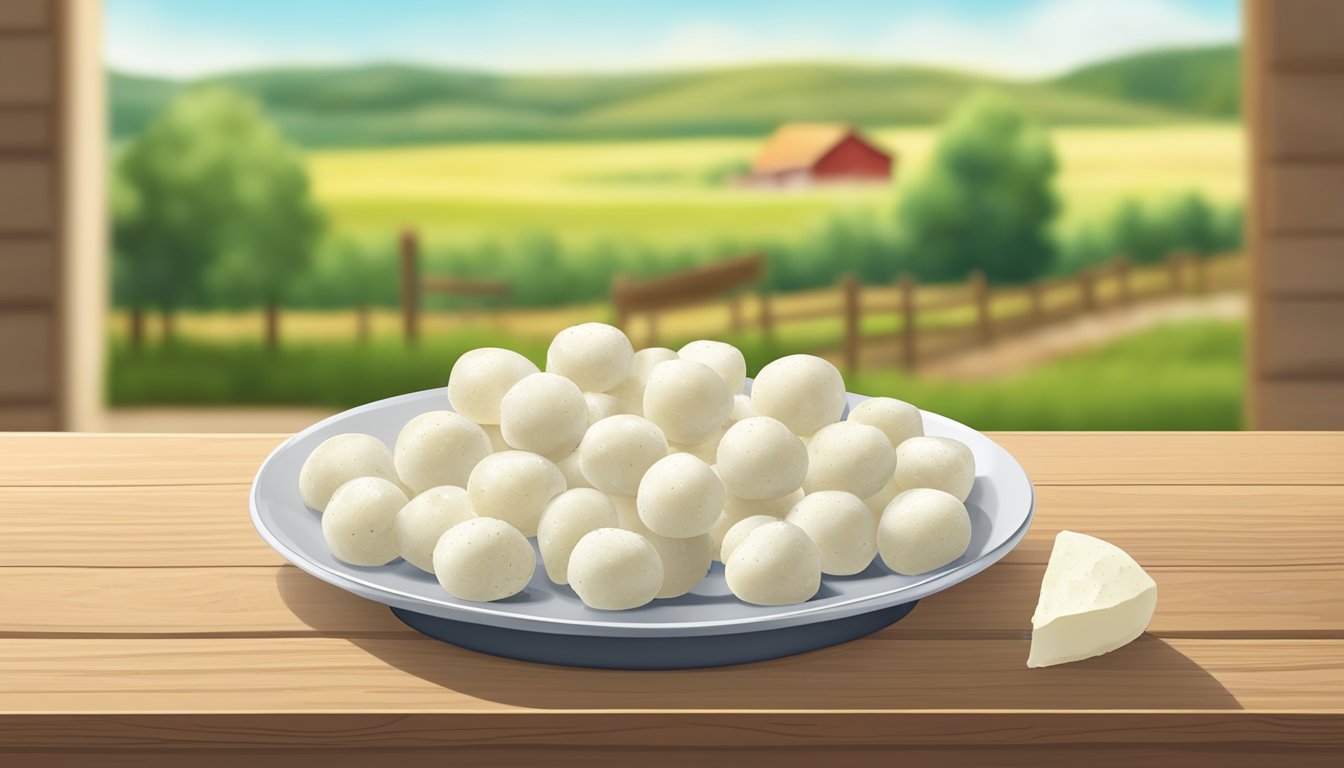 A plate of Farm Rich mozzarella bites sits on a wooden table, surrounded by a few crumbs. The package of the product is nearby, with the expiration date clearly visible