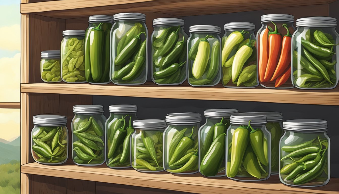 A pantry shelf with jars of farm fresh jalapeño peppers, surrounded by dry, cool air and away from direct sunlight