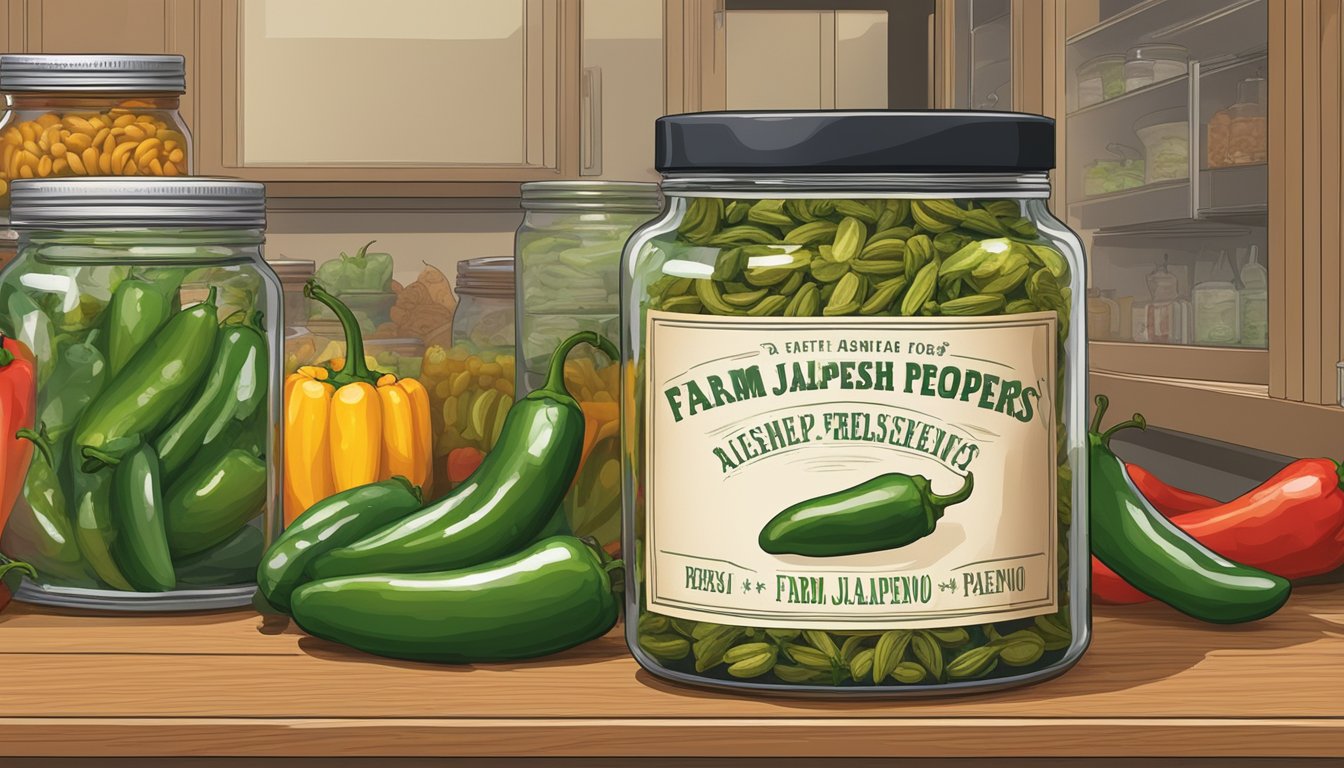 A jar of farm fresh jalapeño peppers sits on a kitchen shelf, surrounded by other preserved foods. The label indicates the date of packaging, and the peppers appear vibrant and ready to use