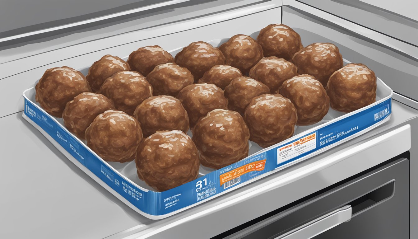 A package of Farm Rich meatballs sits unopened on a clean, organized refrigerator shelf, with a clearly marked expiration date visible