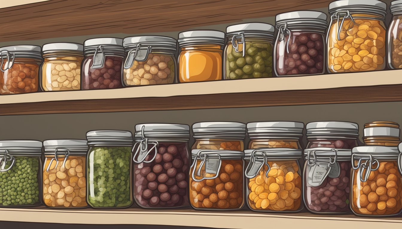 A pantry shelf with neatly organized jars of preserved food, including a container of farm rich meatballs, with a label indicating the date of preservation