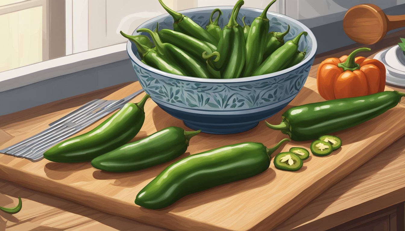 A bowl of fresh jalapeño peppers sits on a wooden cutting board, surrounded by various kitchen utensils and ingredients. A calendar on the wall shows the date