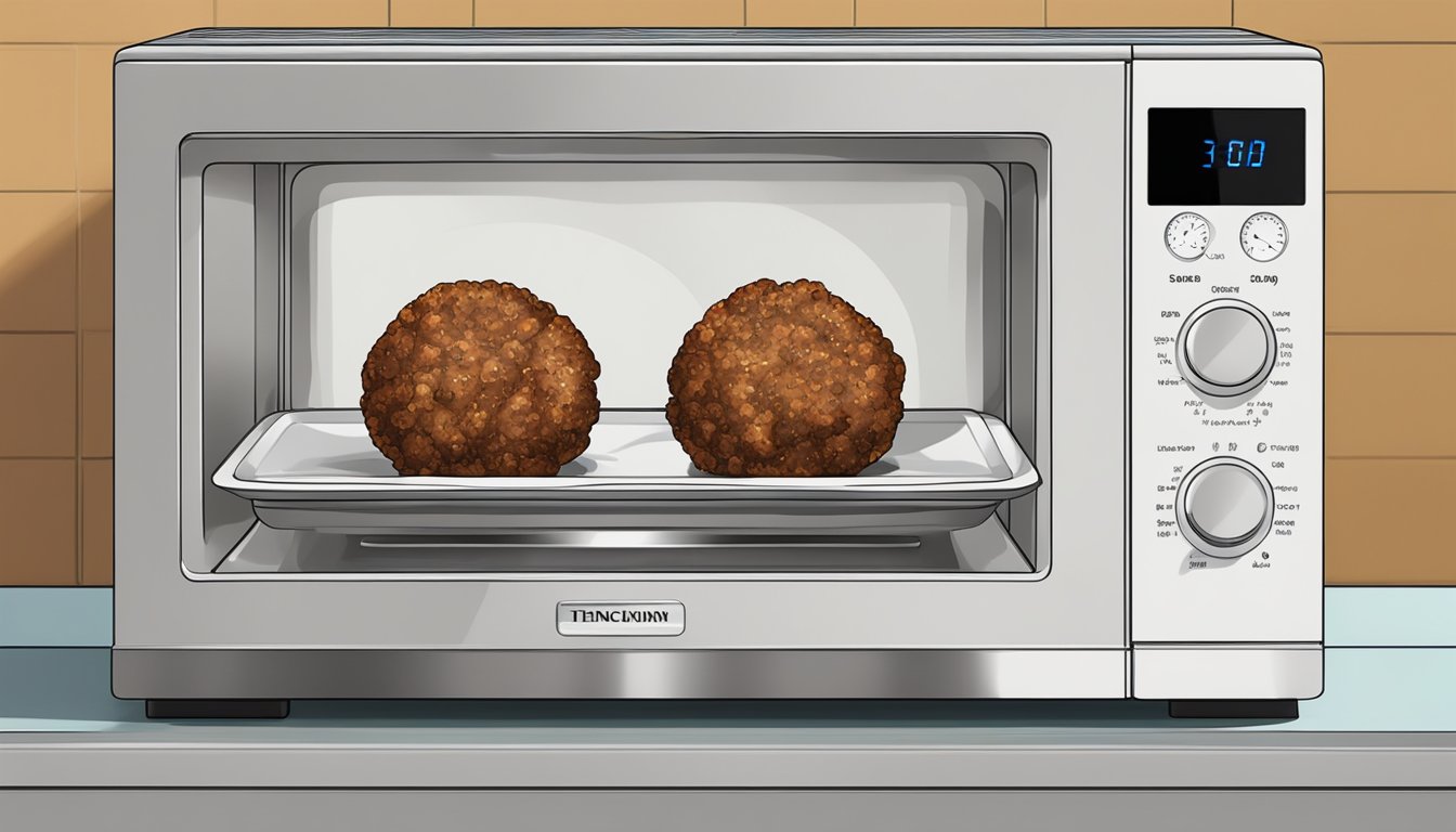 A plate of meatballs sits in a microwave. Steam rises as the timer counts down