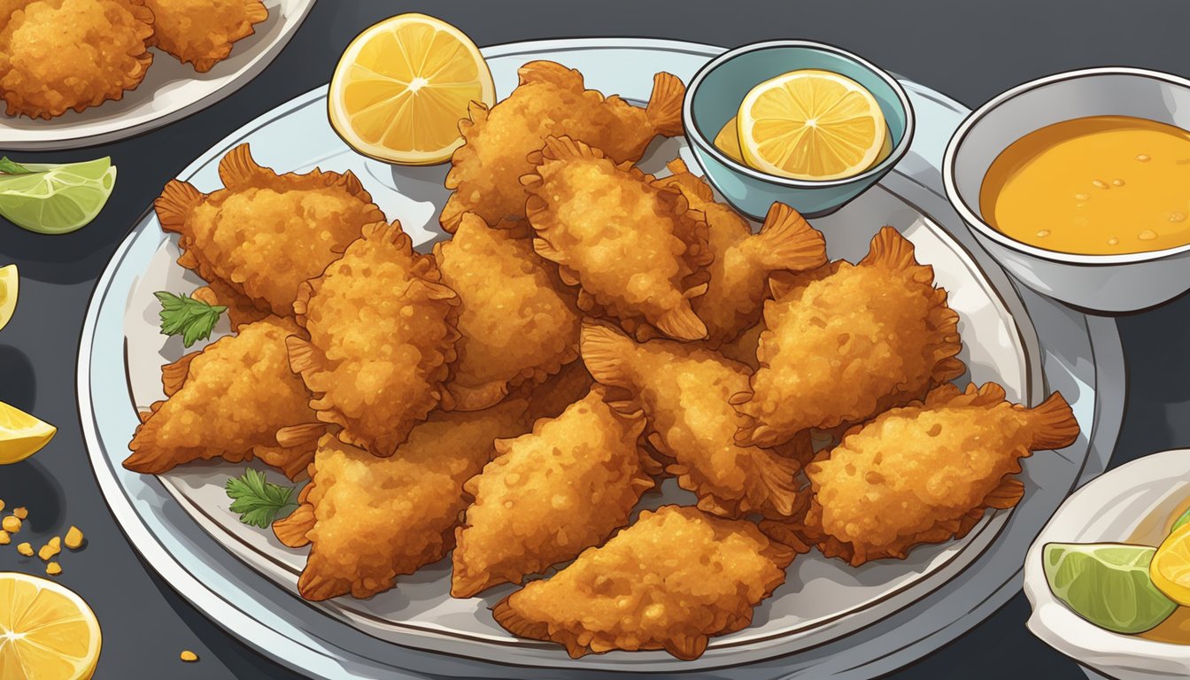 Fresh fish being cut into bite-sized pieces, dipped in a seasoned batter, and fried in hot oil. A plate of golden brown fish pakoras ready to be served