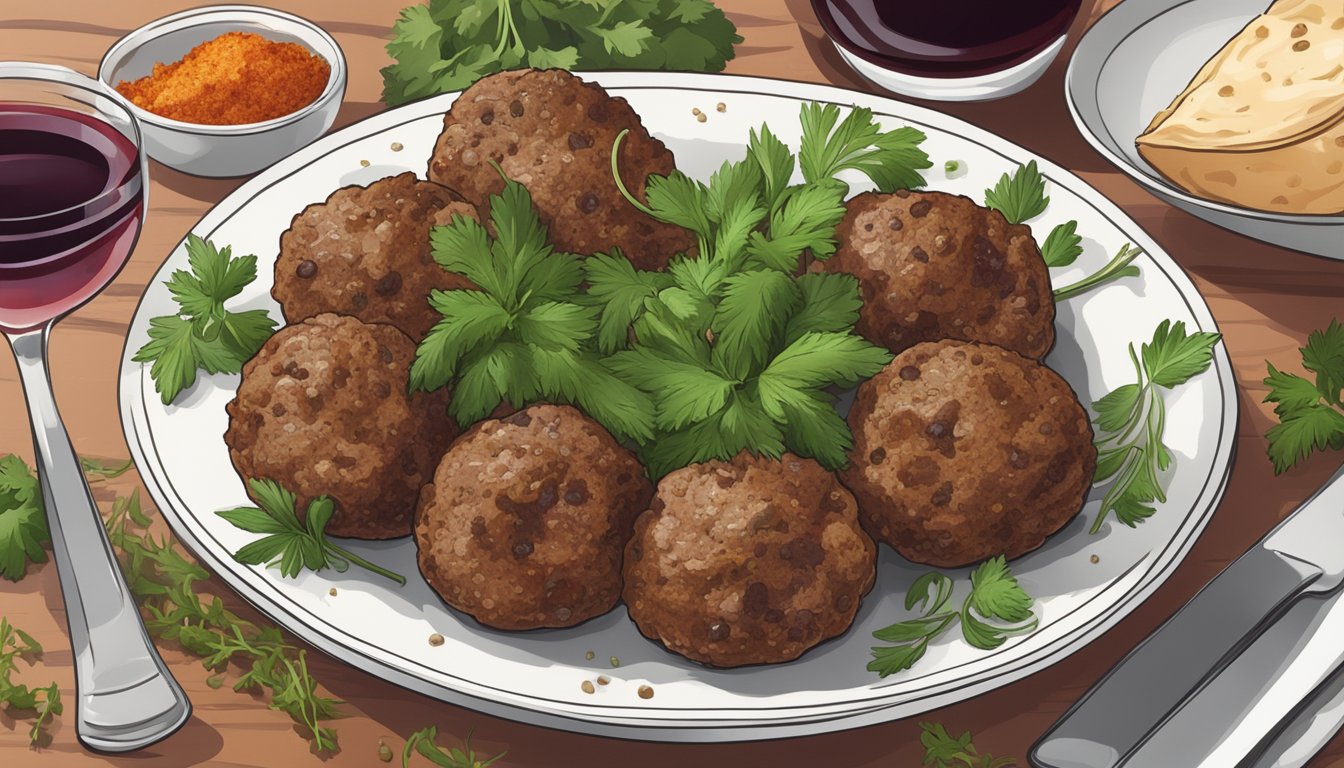 A plate of meatballs surrounded by fresh herbs and spices, with a glass of red wine nearby