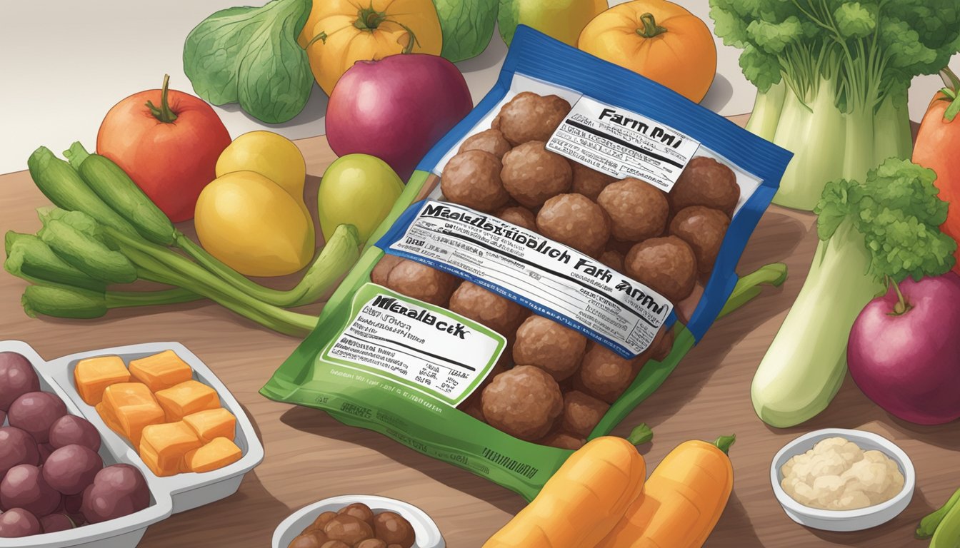 A package of Farm Rich meatballs sits on a kitchen counter, surrounded by a variety of fruits, vegetables, and a nutrition label