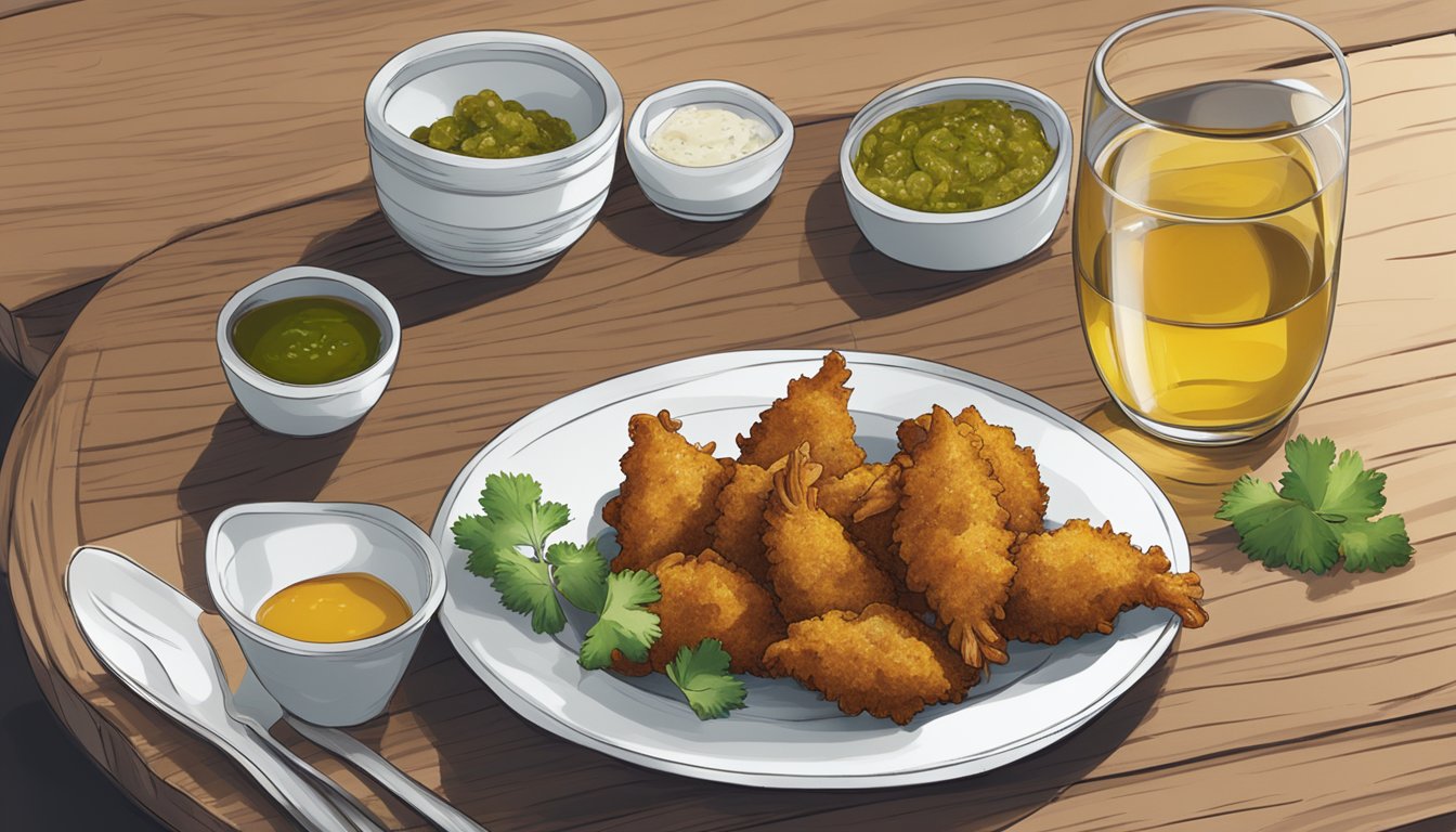 A plate of crispy fish pakoras with a side of tangy tamarind chutney, placed on a wooden serving board. A glass of chilled white wine sits nearby