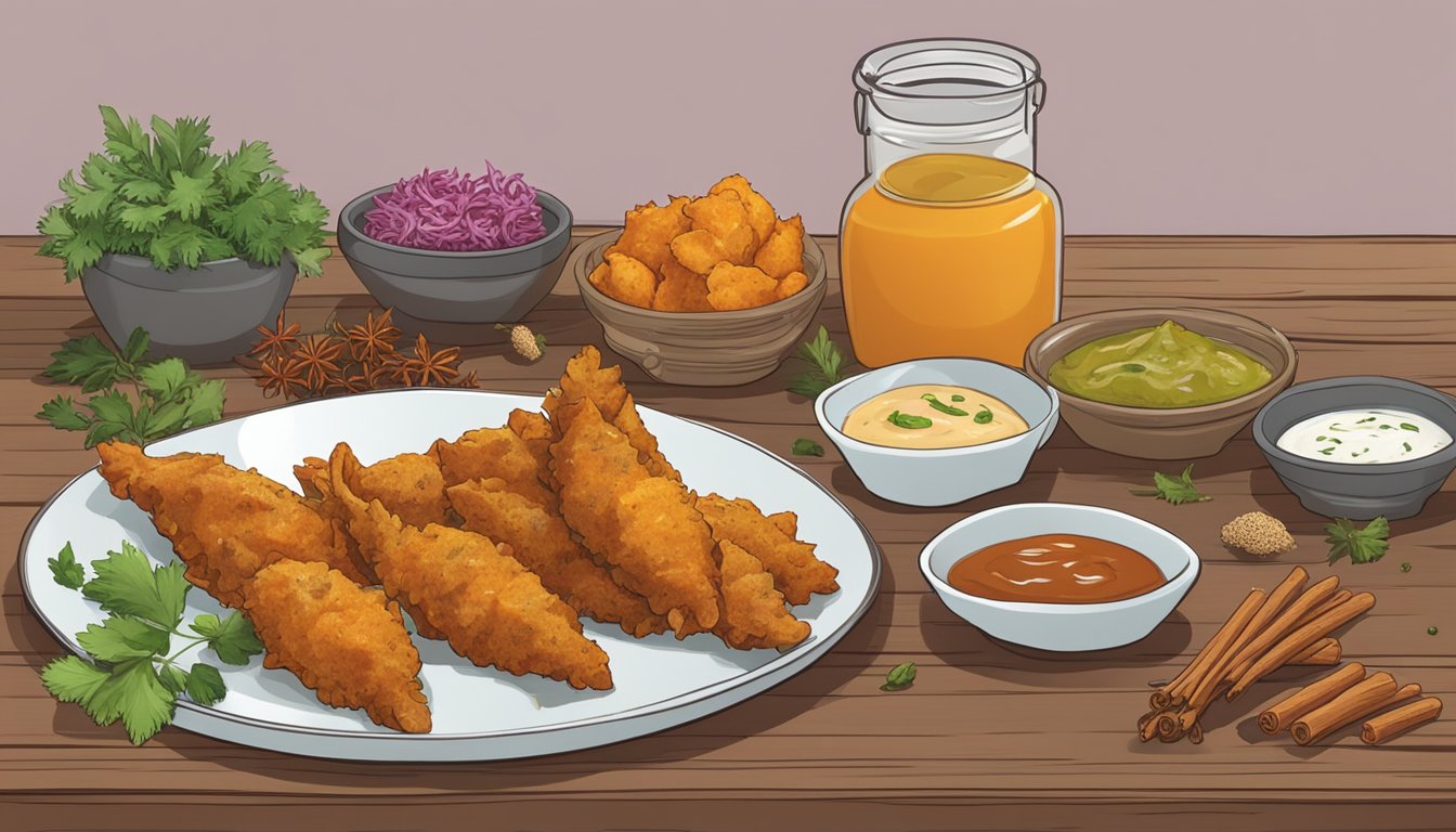 A plate of fish pakoras sits on a wooden table, surrounded by various spices and herbs. A small container of dipping sauce is placed next to the pakoras