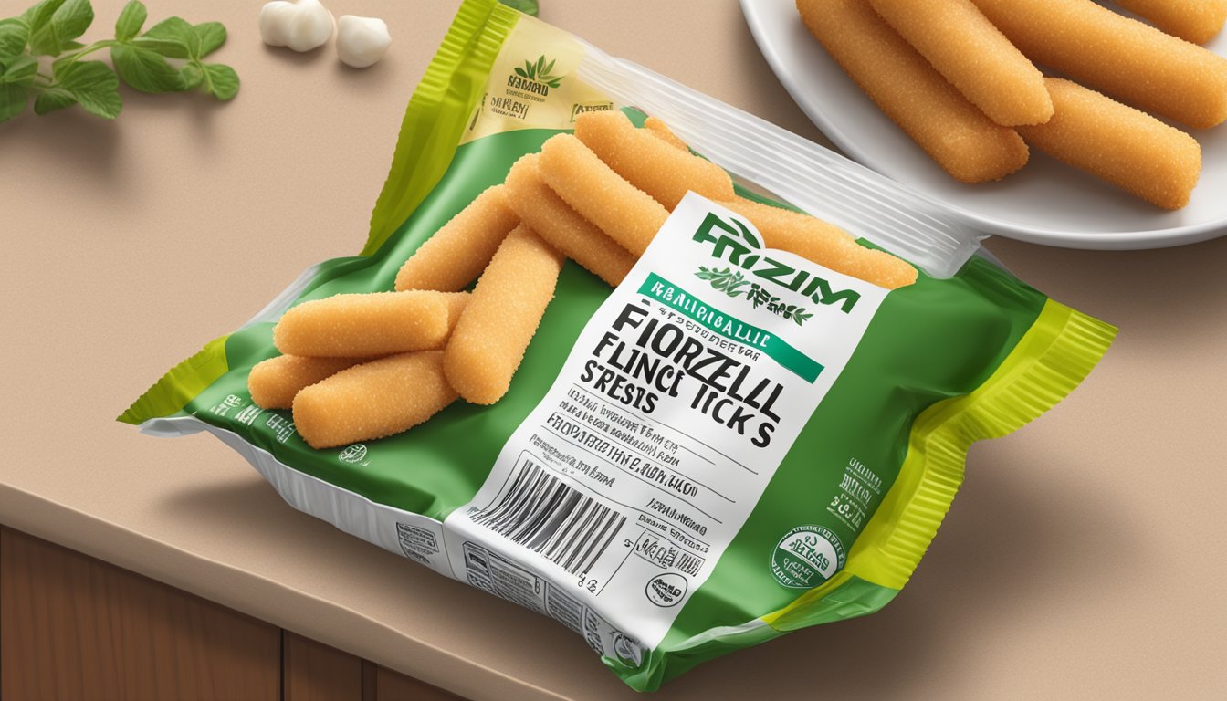 A package of Farm Rich mozzarella sticks sits on a kitchen counter, with a clear expiration date visible on the packaging