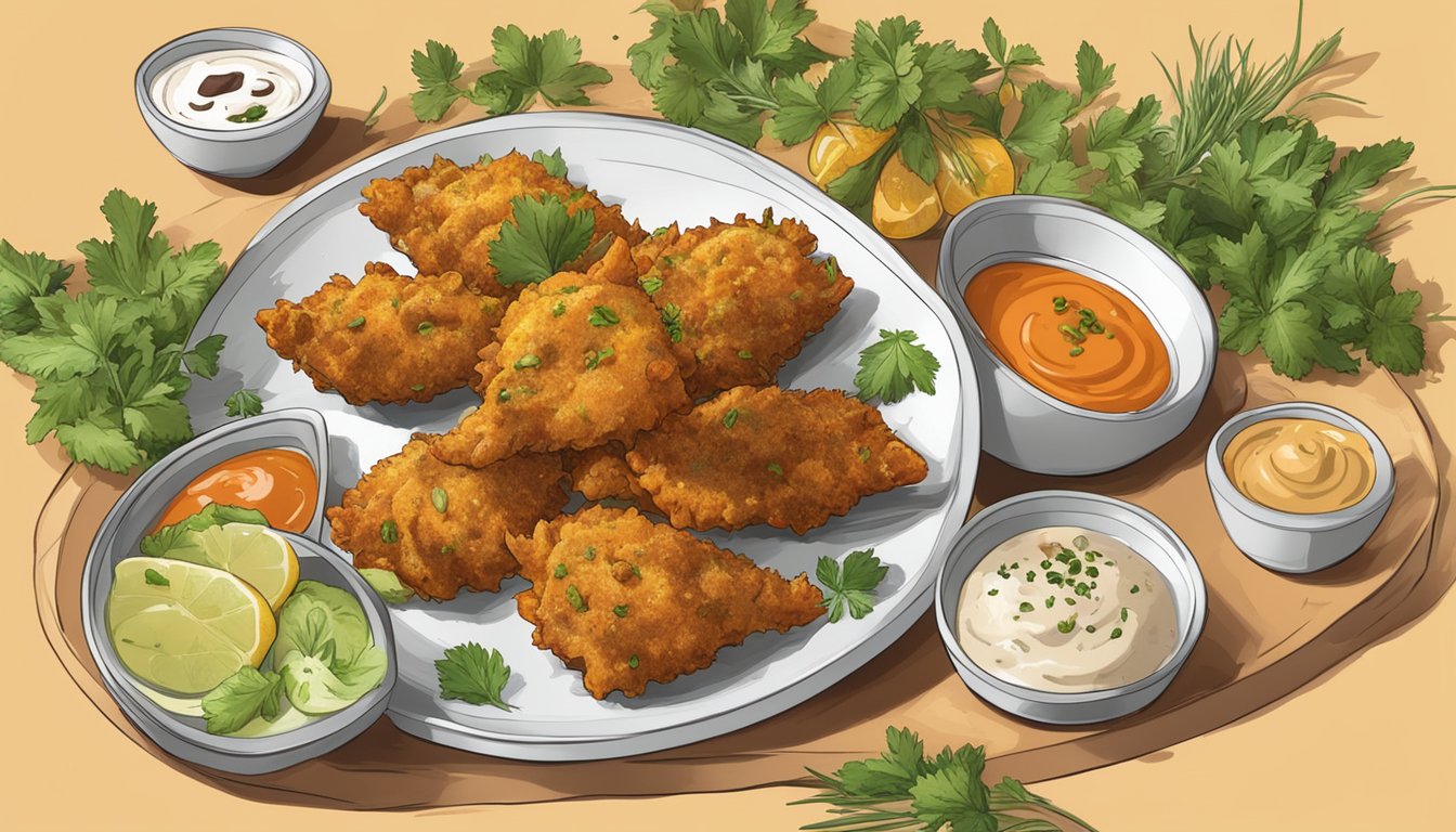 A plate of fish pakoras arranged with various dipping sauces, surrounded by scattered spices and herbs