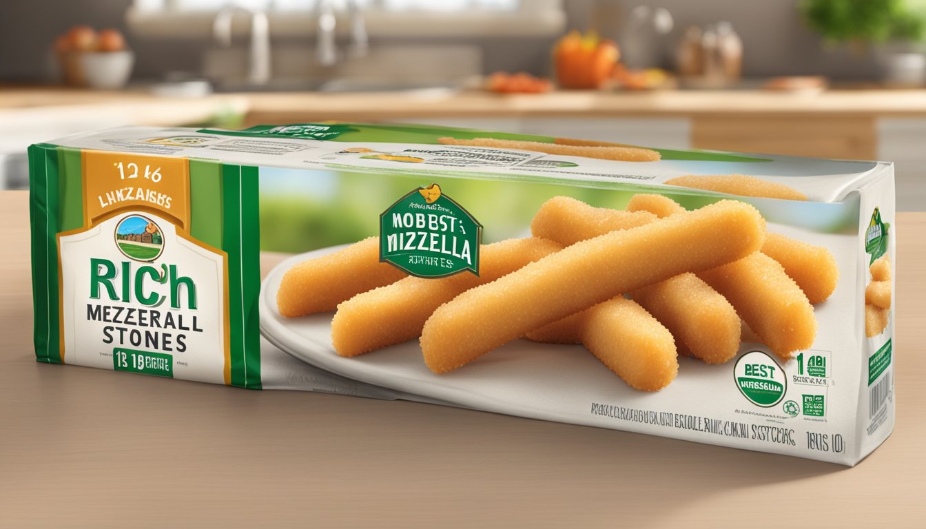 A package of Farm Rich mozzarella sticks sits unopened on a kitchen counter, with a "Best By" date clearly visible on the packaging