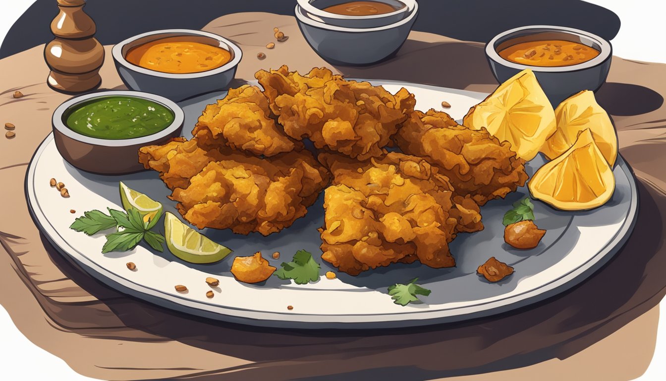 A plate of fish pakoras sits on a table, surrounded by scattered spices and a half-eaten chutney. The pakoras appear freshly fried and golden brown