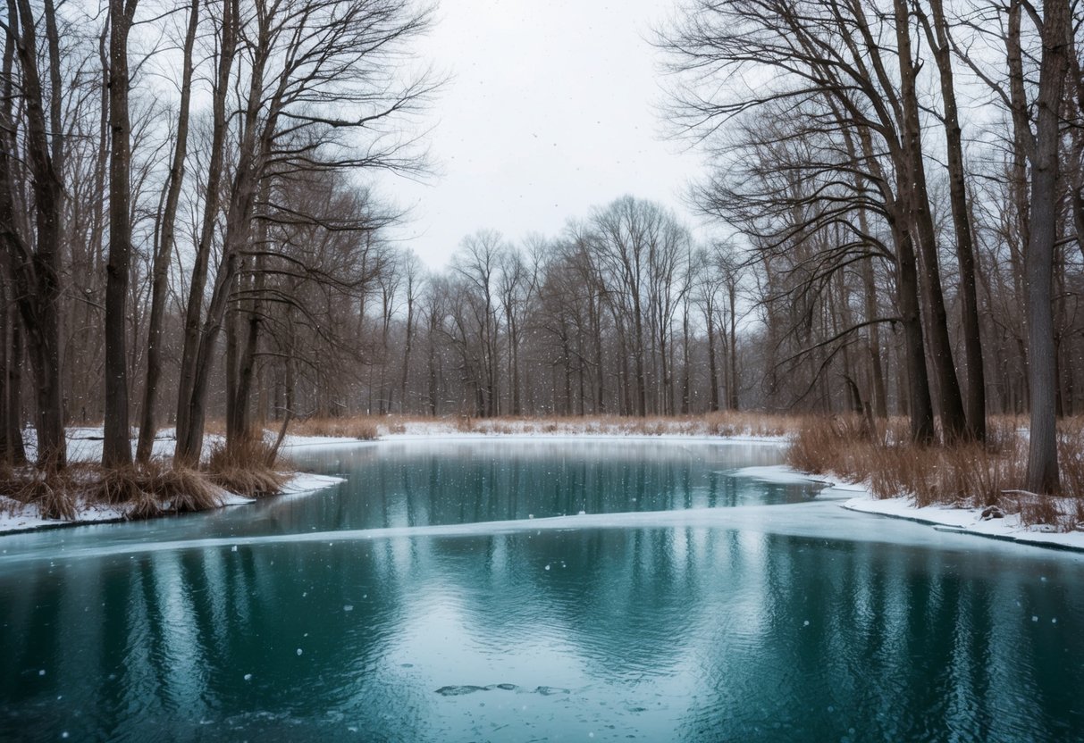 A serene pond surrounded by bare trees, with a layer of ice forming on the surface, and a few snowflakes falling from the sky