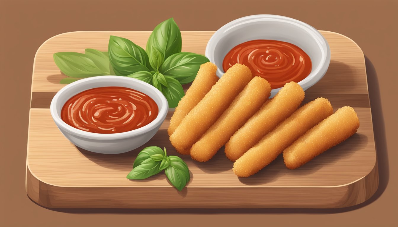 A plate of golden-brown mozzarella sticks arranged with marinara sauce and garnished with fresh basil leaves on a wooden serving board