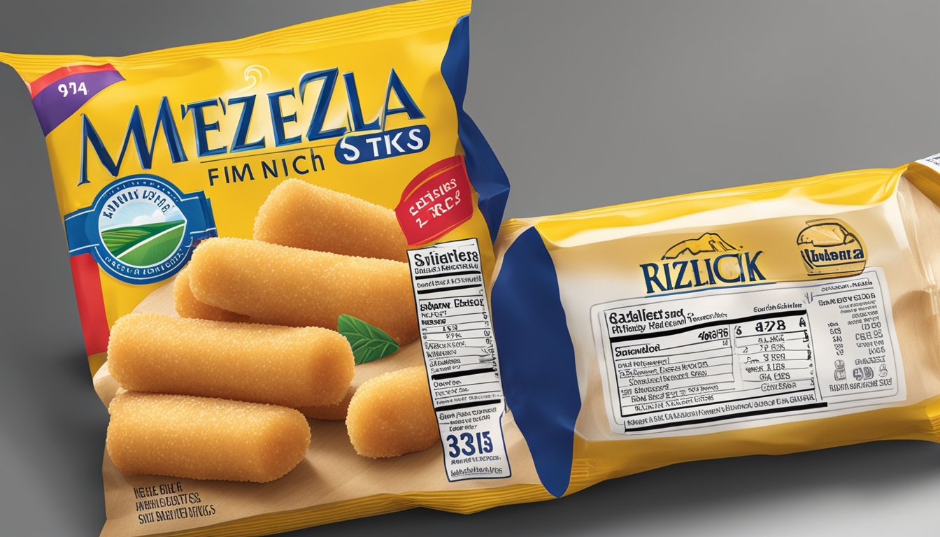 A package of Farm Rich mozzarella sticks sits unopened on a kitchen counter, with a "best by" date clearly visible on the packaging