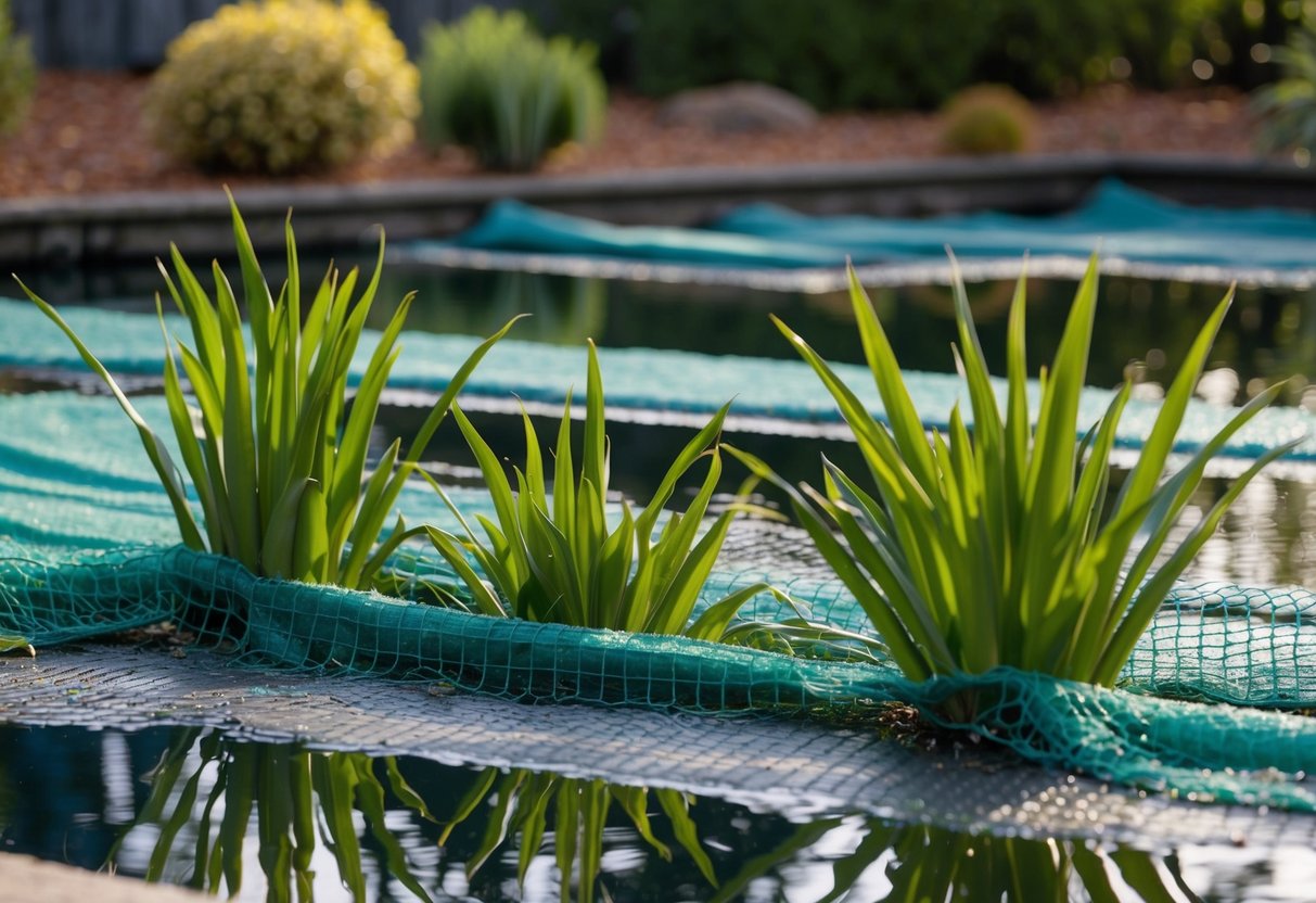 Pond plants being trimmed and covered with protective netting for winter