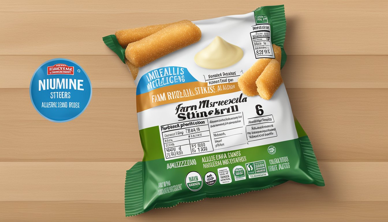 A package of Farm Rich mozzarella sticks on a kitchen counter, with a clear expiration date and allergen information label