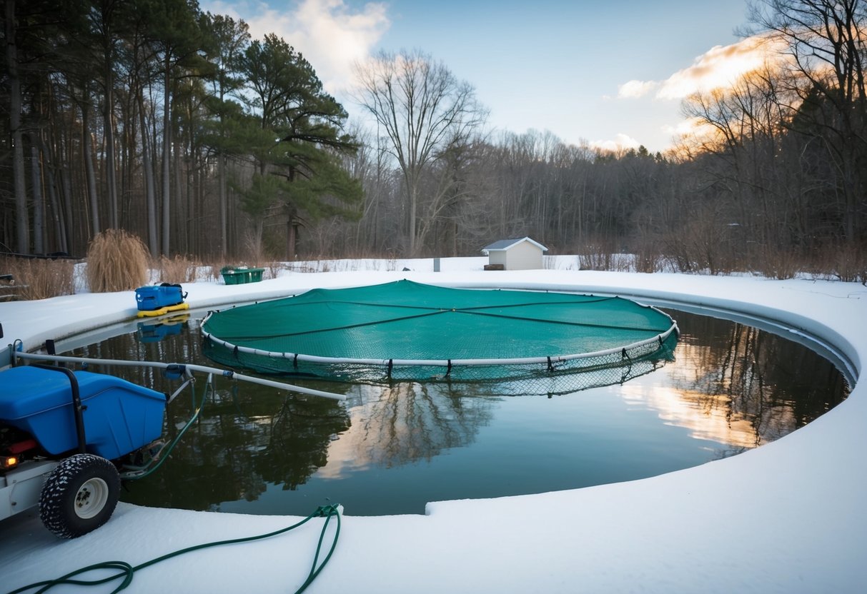 A pond with equipment being prepared for winter, such as covering the surface with a net and installing a de-icer to prevent freezing