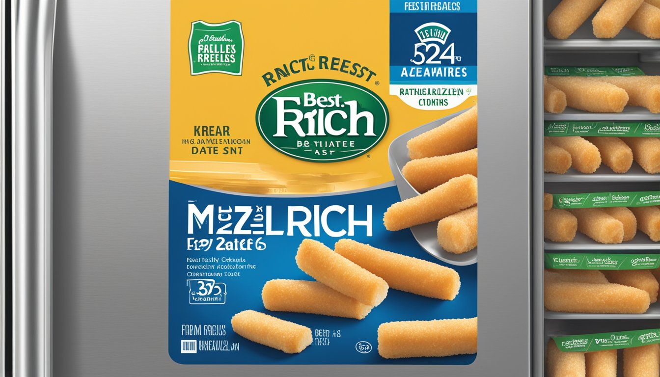 A package of Farm Rich mozzarella sticks sits in a refrigerator, with a "best by" date clearly visible on the packaging