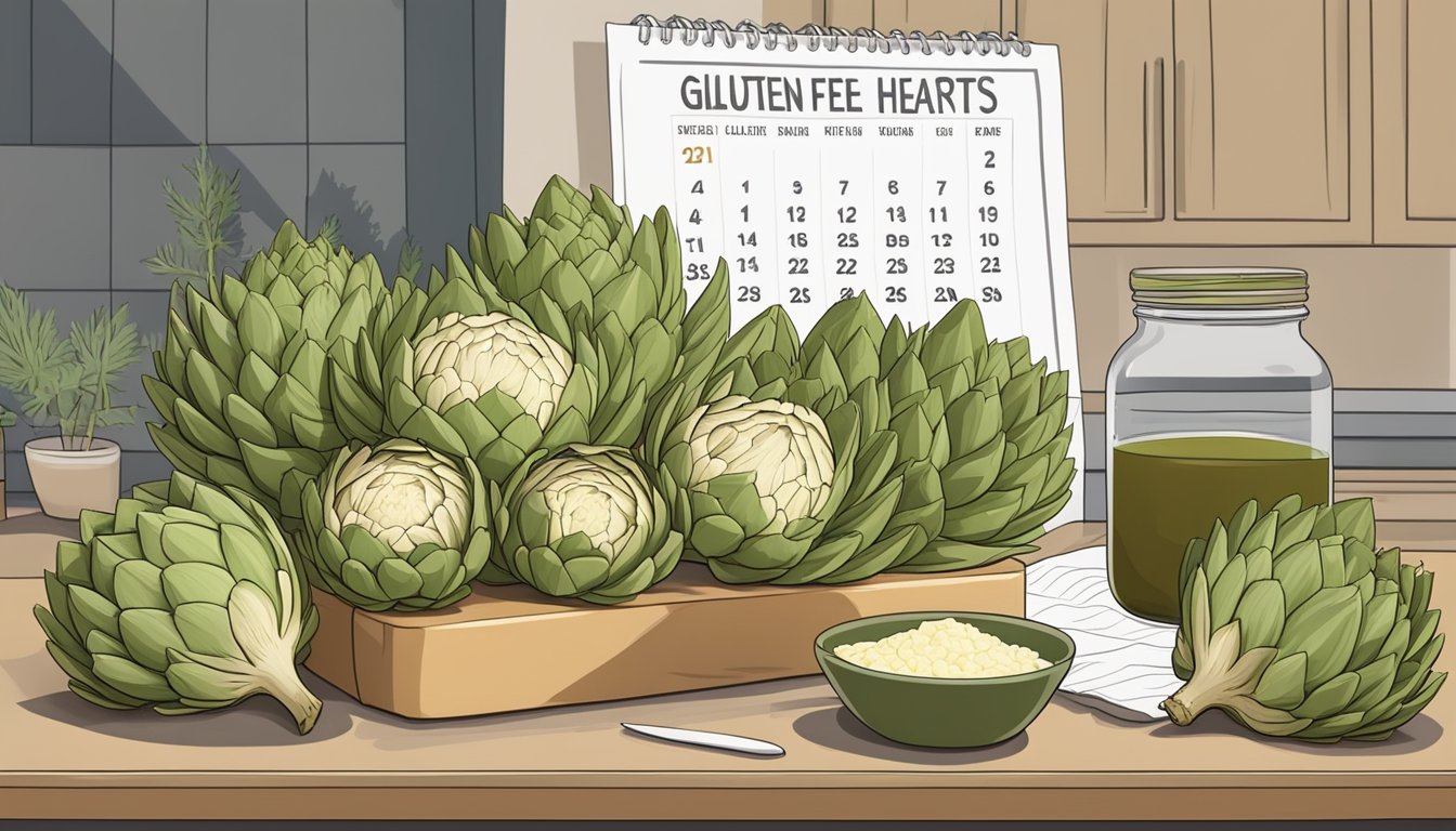 A kitchen counter with a jar of gluten-free artichoke hearts, surrounded by fresh artichokes and a calendar showing the current date