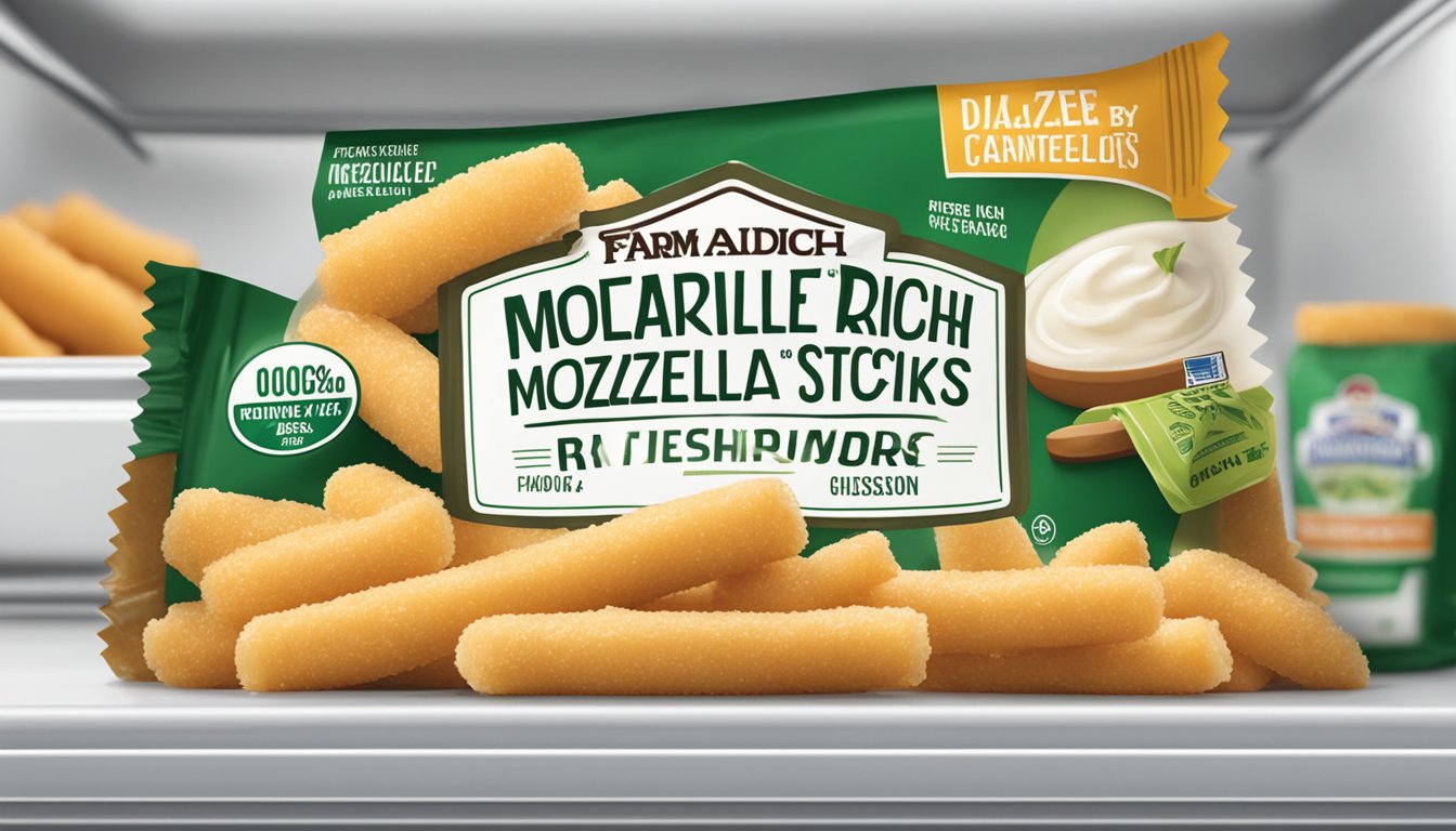 A package of Farm Rich mozzarella sticks sits unopened in a refrigerator, with a "Use By" date clearly visible on the packaging