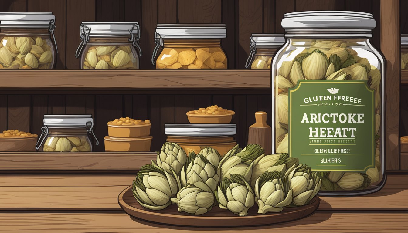 A jar of gluten-free artichoke hearts sits on a rustic wooden shelf, surrounded by other preserved foods. The label indicates a long shelf life