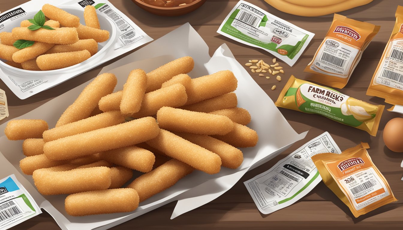 A package of Farm Rich mozzarella sticks sits on a kitchen counter, surrounded by various food labels and expiration dates