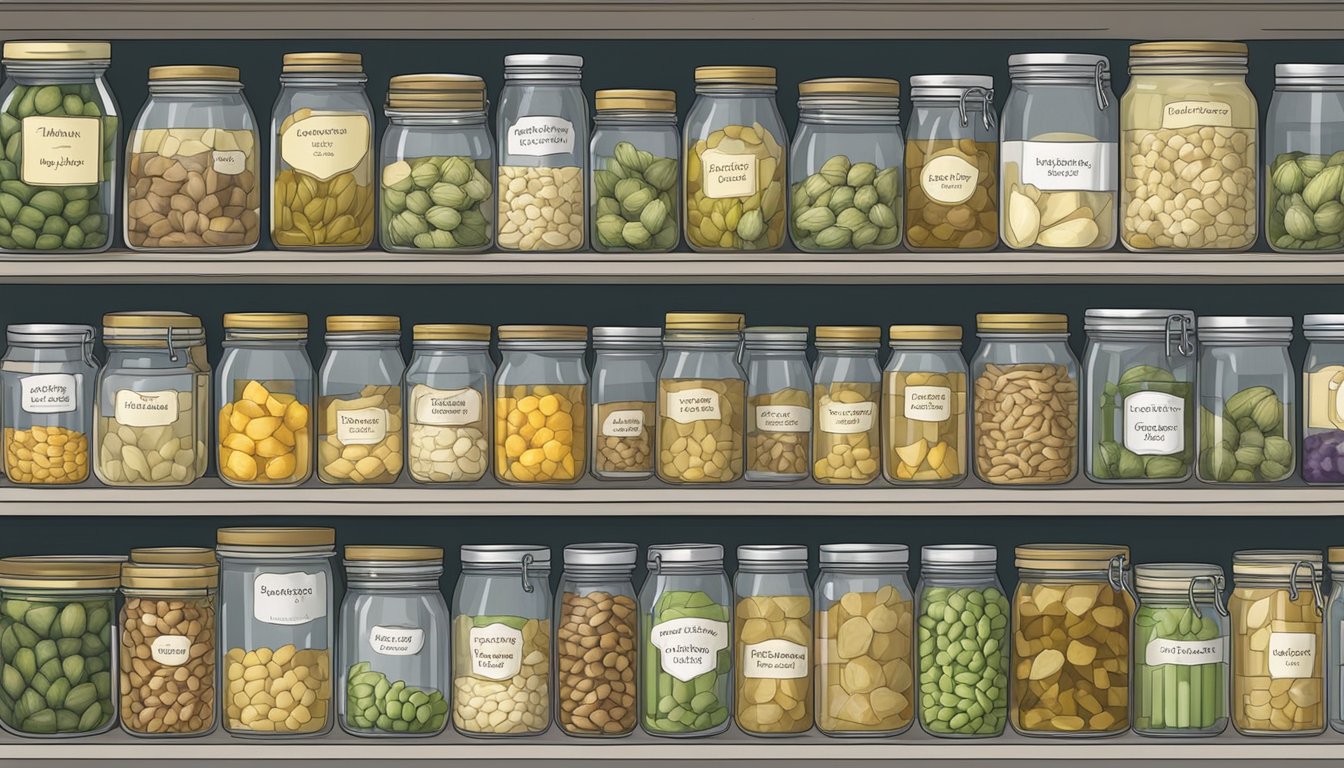 A pantry shelf with labeled jars of gluten-free artichoke hearts, surrounded by neatly organized cans and containers of other preserved foods