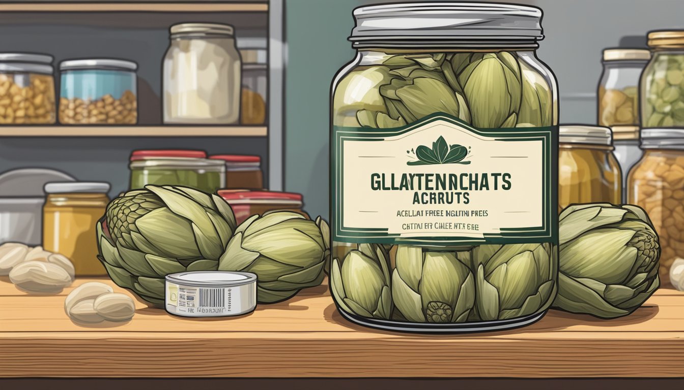 A jar of gluten-free artichoke hearts sits on a kitchen shelf, surrounded by other canned goods. The label indicates the expiration date, while the contents remain preserved inside