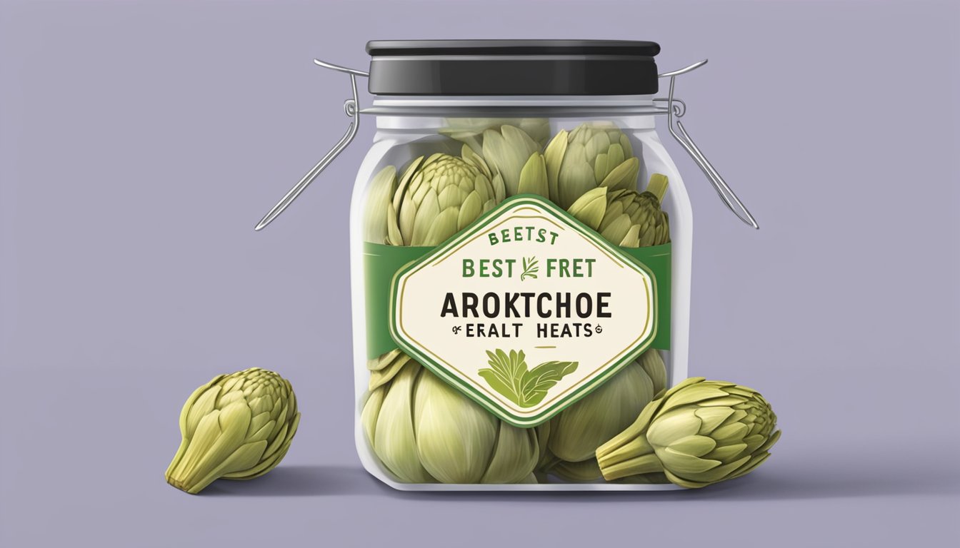 A jar of gluten-free artichoke hearts sits on a shelf, with a "best by" date clearly visible. The label indicates that the product will last for an extended period of time