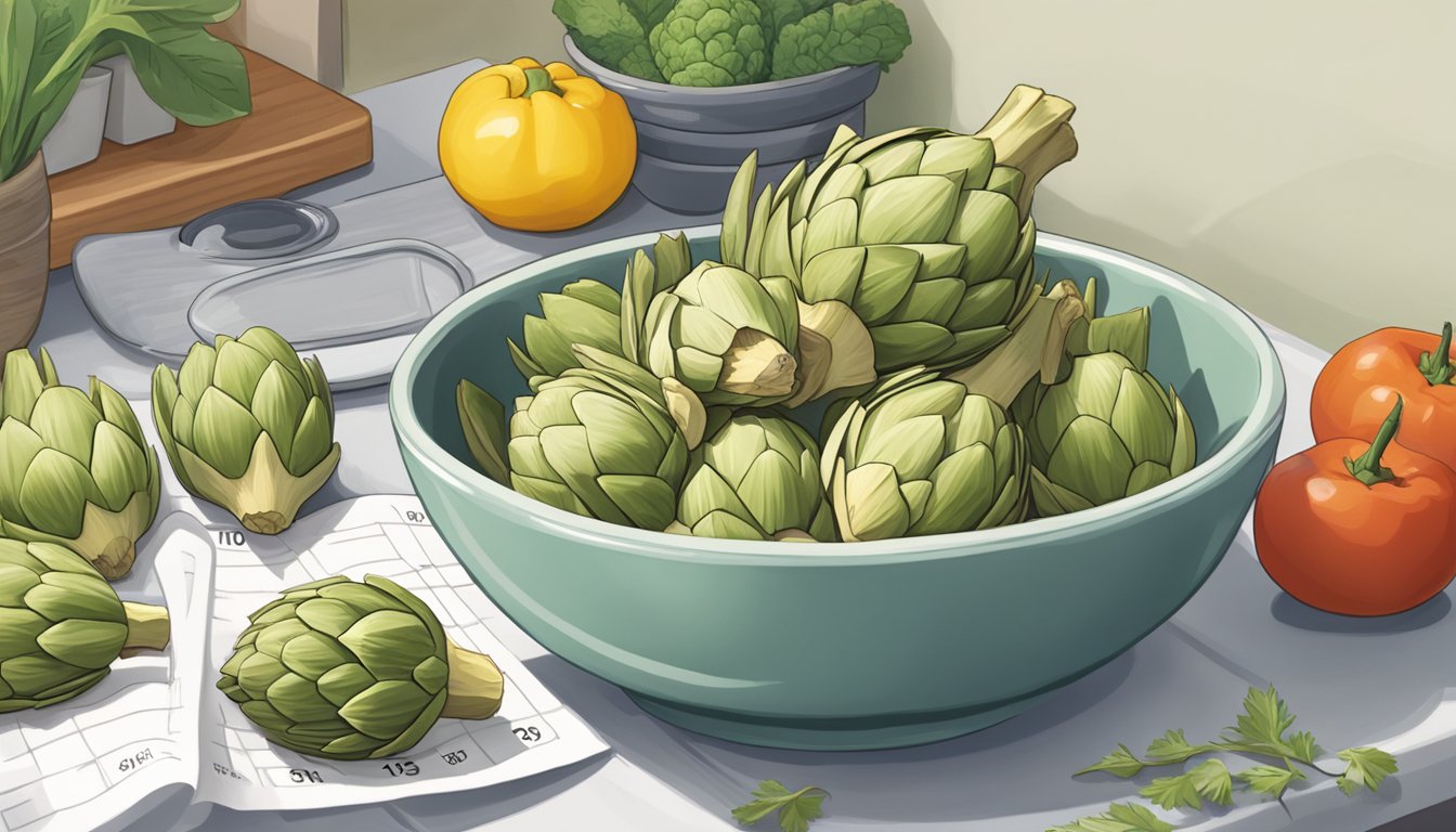 A bowl of gluten-free artichoke hearts sits on a kitchen counter, surrounded by fresh produce. A calendar on the wall shows the current date