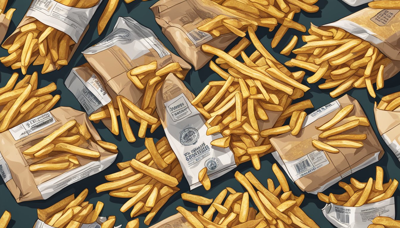 A pile of golden French fries sits on a shelf, surrounded by packaging with expiration dates. Some fries appear fresh, while others show signs of aging and dehydration