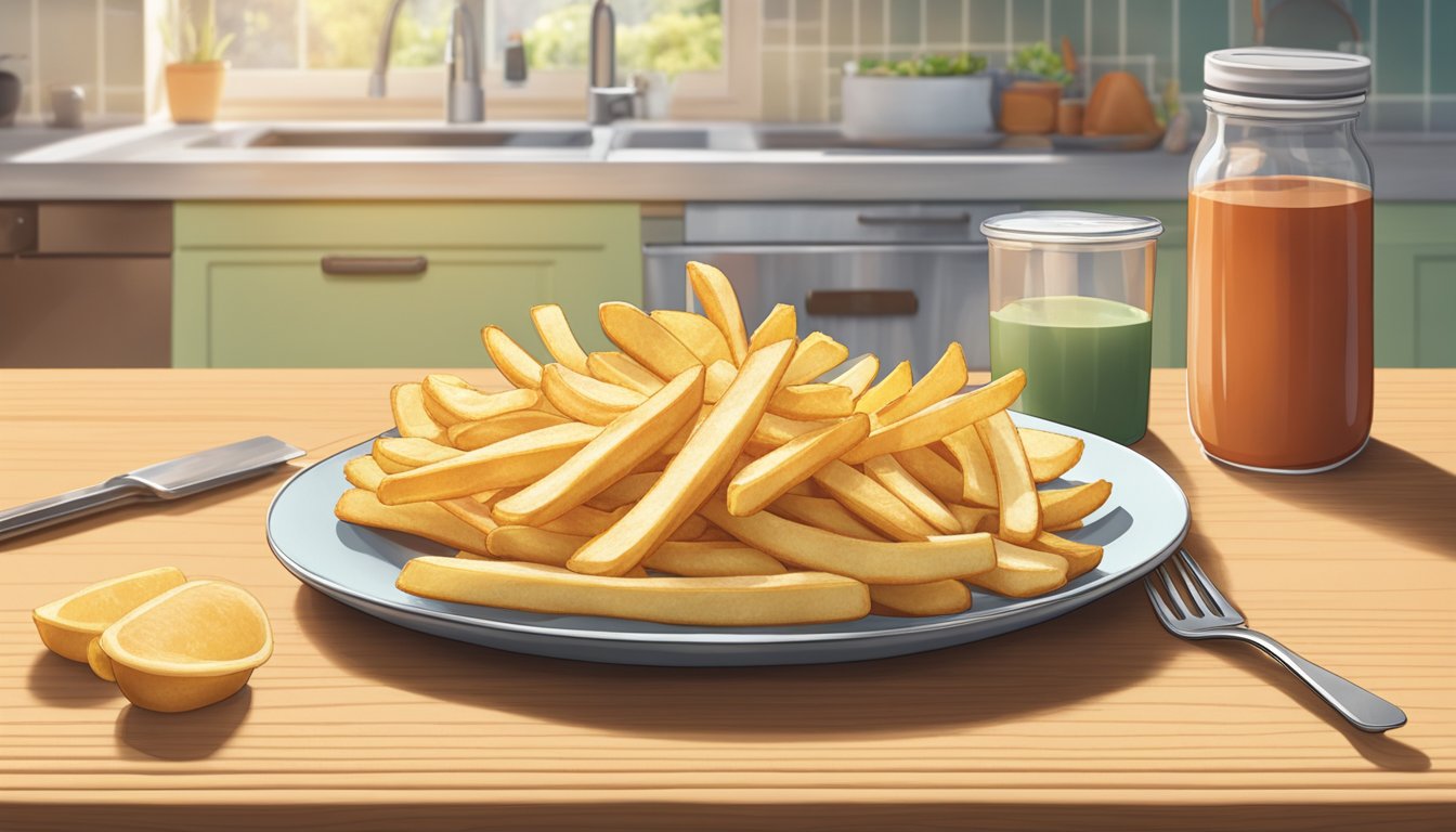 A plate of French fries sits on a kitchen counter, uncovered, as the room temperature air surrounds them