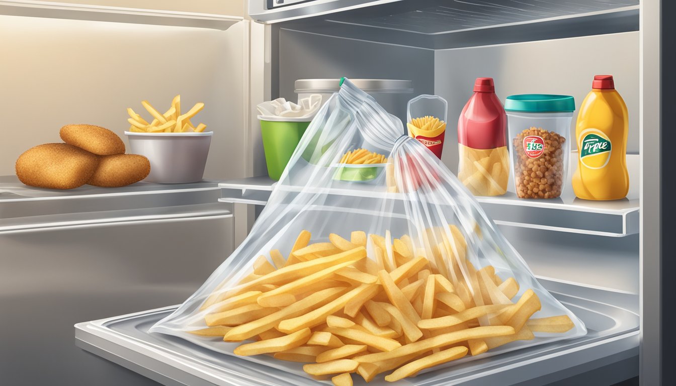 A bag of French fries sits in an open refrigerator, surrounded by other food items. The fries are in a clear plastic bag with condensation forming on the inside