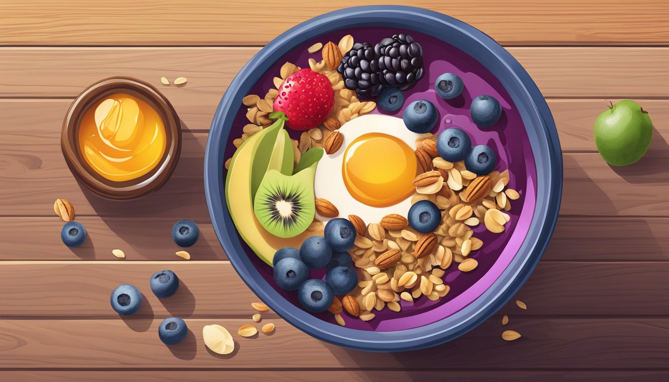 A colorful acai bowl sits on a wooden table surrounded by fresh fruits and nuts. The bowl is topped with granola and drizzled with honey