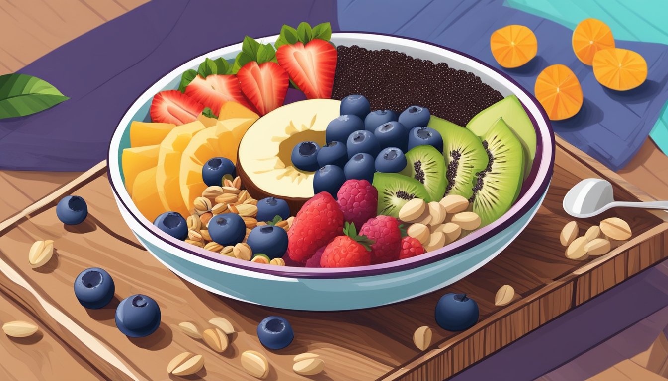 A vibrant acai bowl surrounded by fresh fruits, nuts, and seeds, with a variety of gluten-free toppings and variations displayed on a wooden table