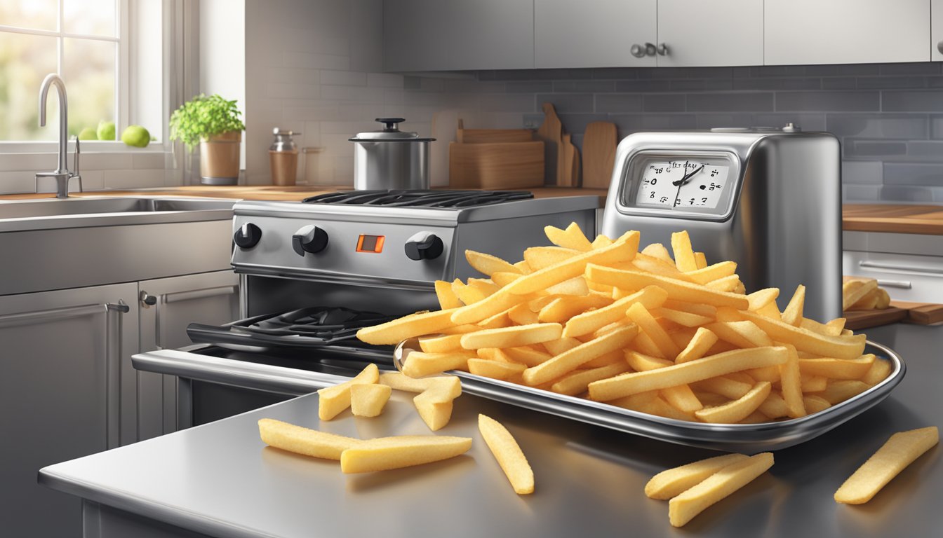 A pile of french fries sits on a clean, stainless steel counter in a well-lit kitchen, with a timer nearby indicating the time since they were cooked