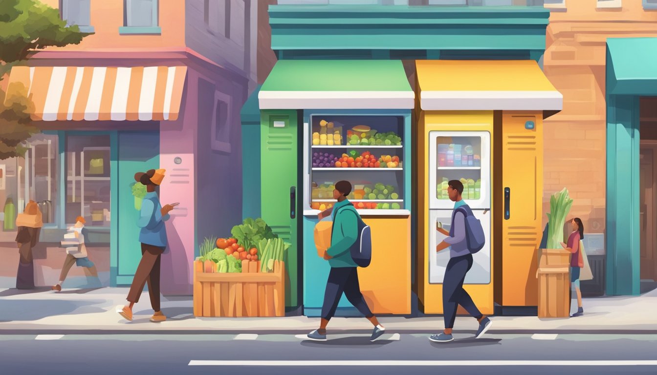 A brightly colored community fridge stands on a bustling street corner, filled with fresh produce and packaged goods. People approach, adding and taking items