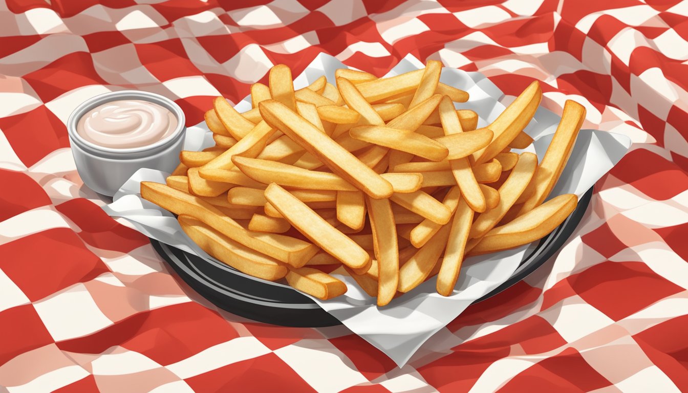 Freshly cooked French fries arranged in a neat pile on a checkered red and white paper-lined tray, with a side of ketchup in a small cup