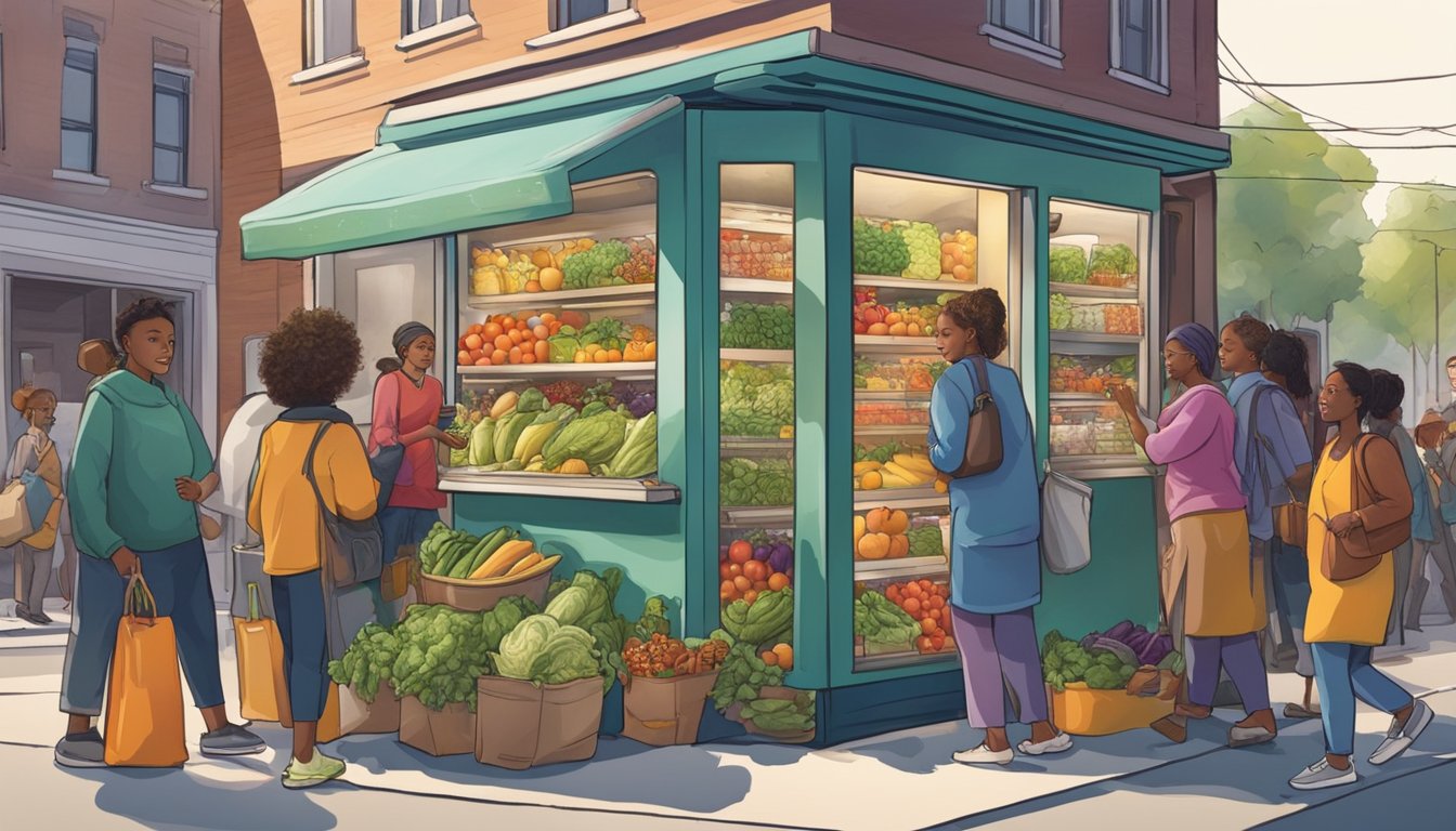 A bustling street corner with a colorful, decorated refrigerator filled with fresh produce and pantry items, surrounded by a diverse group of people accessing and restocking the community fridge