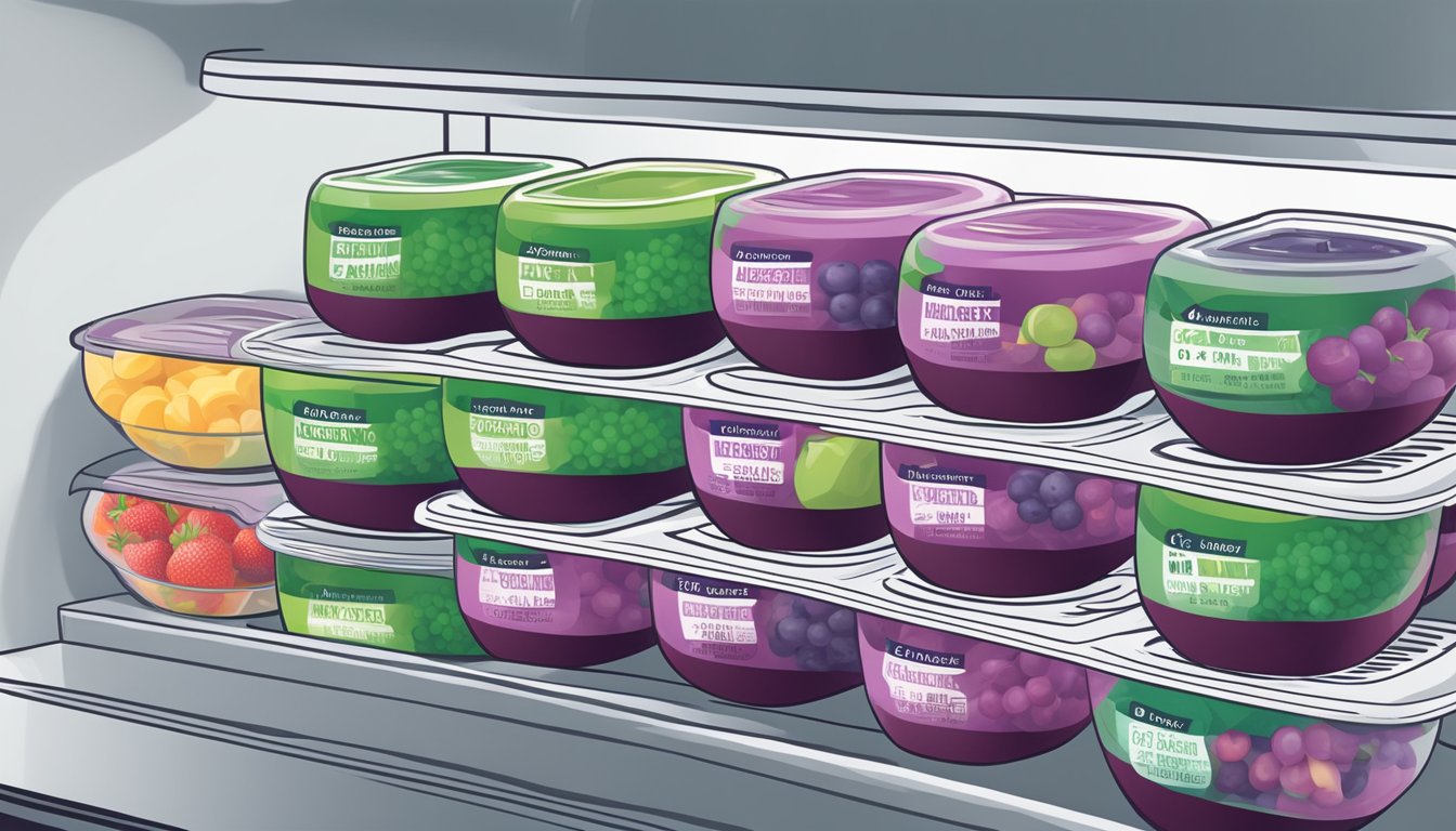 Acai bowls stored in a refrigerator with a "use by" date label