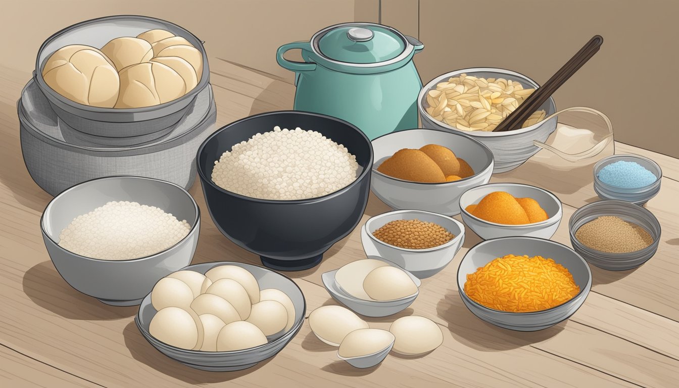 A kitchen counter with assorted ingredients and utensils for making gluten-free bao buns