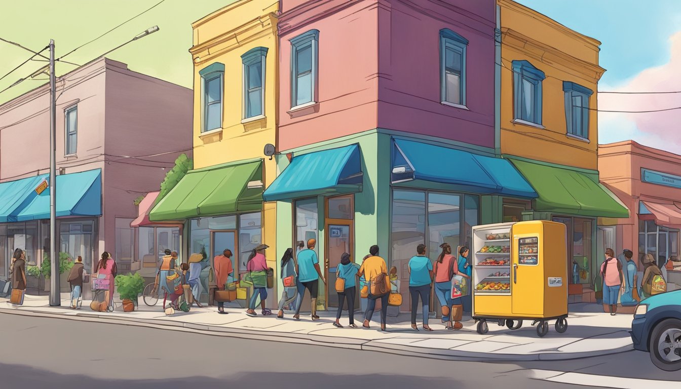 A bustling street corner in Edinburg, TX with a colorful, inviting community fridge surrounded by people dropping off and picking up food items