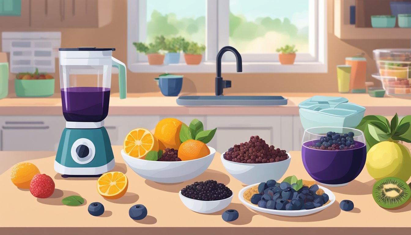 A colorful kitchen counter with fresh fruits, granola, and acai puree in bowls. A blender and measuring cups are visible, suggesting the process of making acai bowls at home