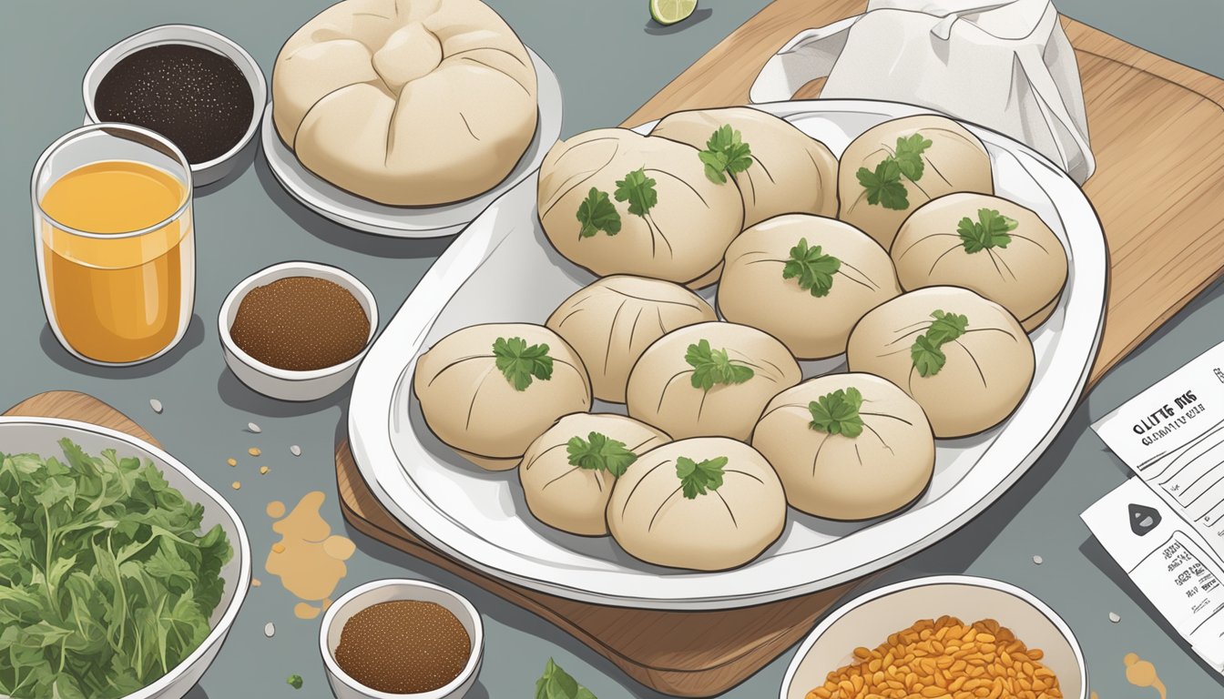 A kitchen counter with a plate of gluten-free bao buns, surrounded by various ingredients and a nutrition label